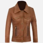 Womens Tan Leather Trucker Jacket