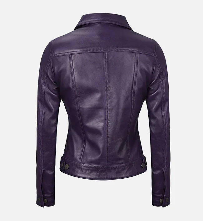 Women Purple Leather Trucker Jacket