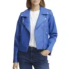 Womens Blue Moto Jacket With Asymmetrical Zipper