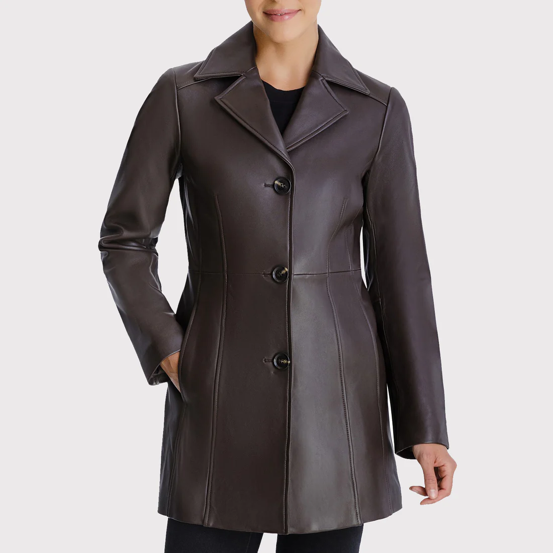Womens Petite Button Down Leather Coat