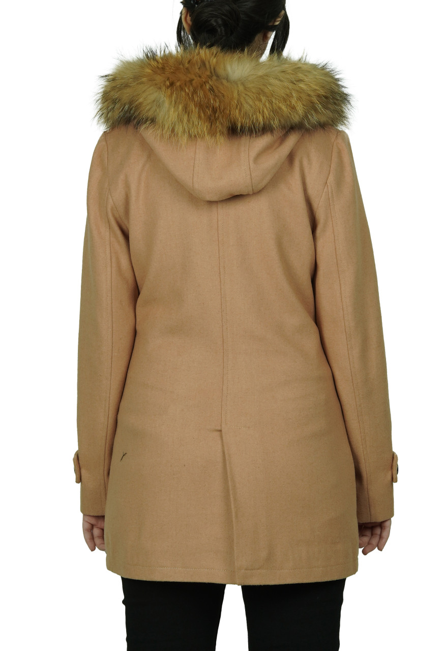 Womens Camel Brown Fur Hooded Wool Duffle Coat