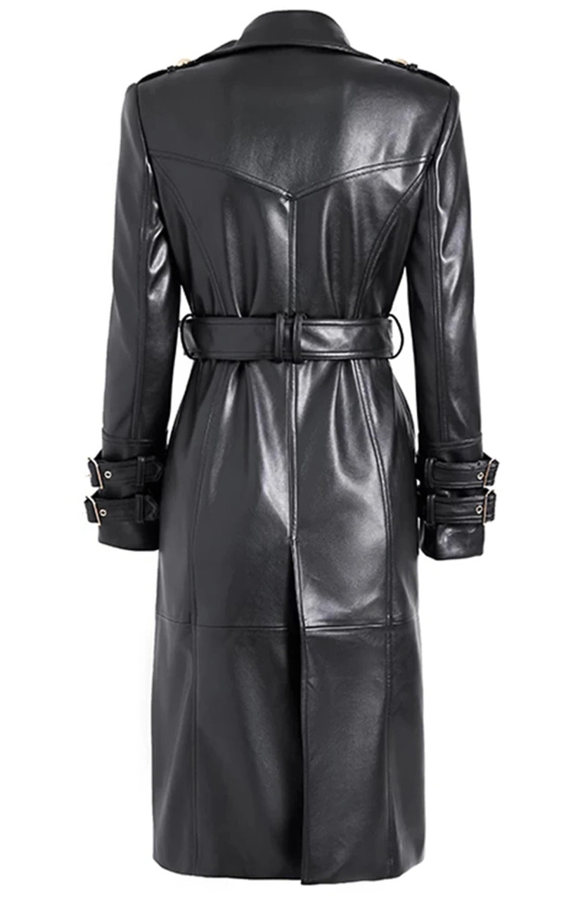 Womens Black Long Leather Trench Coat