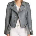 Womens Grey Leather Biker Jacket