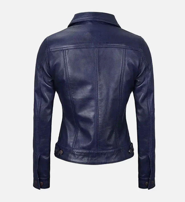 Women Royal Blue Leather Trucker Jacket