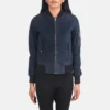 Women Blue Suede Bomber Jacket