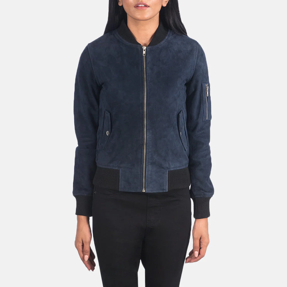 Women Blue Suede Bomber Jacket