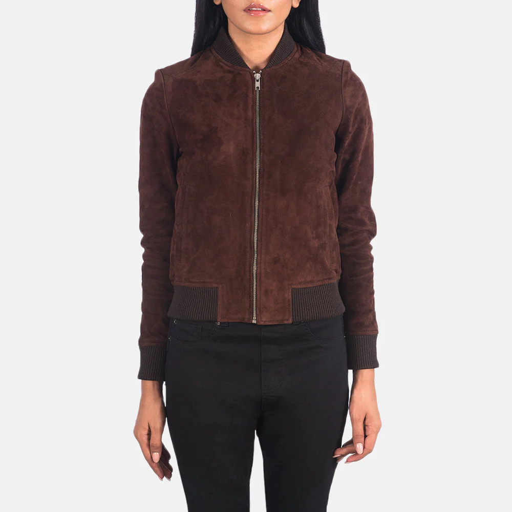 Women Brown Suede Bomber Jacket