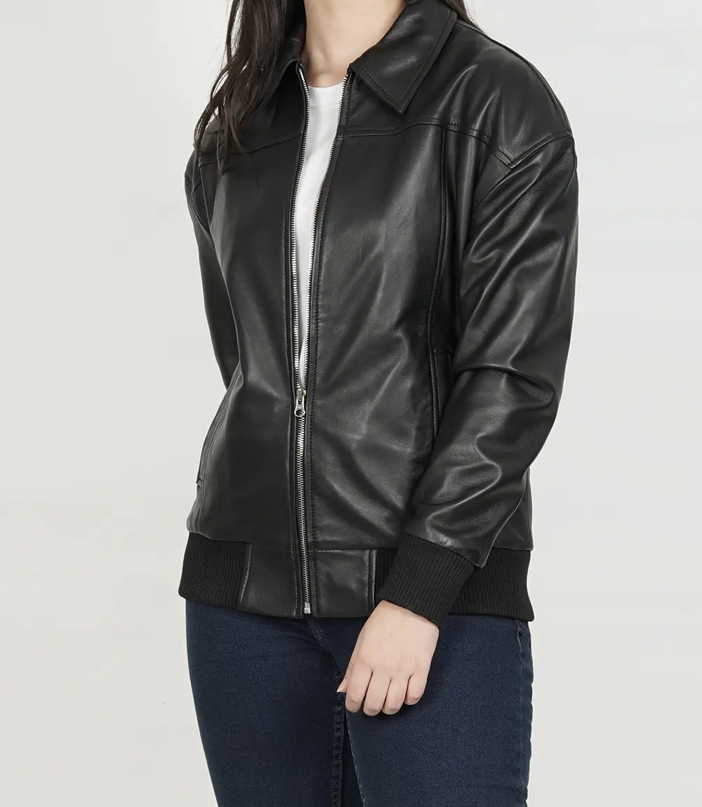 Women Shirt Collar Oversized Bomber Leather Jacket