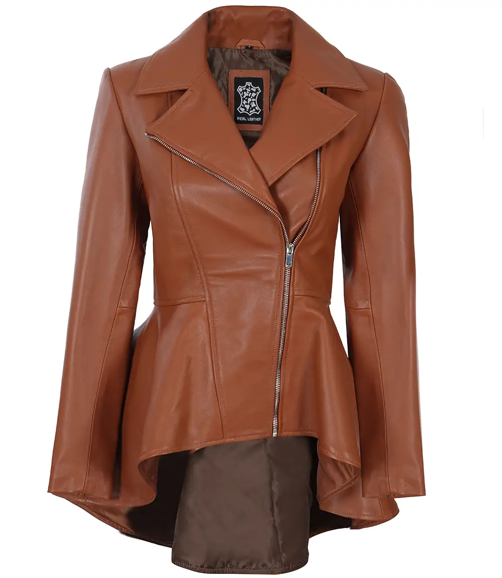 Womens Cognac Brown Peplum Leather Jacket