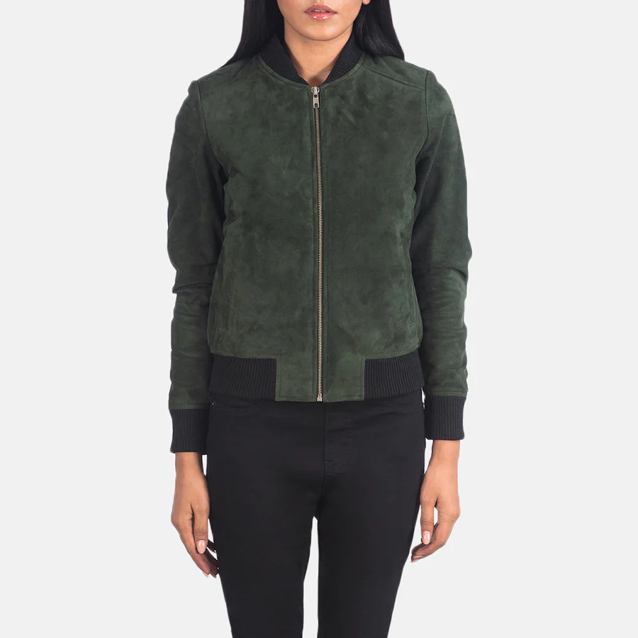 Women Green Suede Bomber Jacket