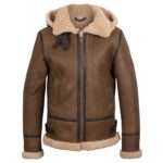 Women Brown Hooded Shearling Leather Jacket
