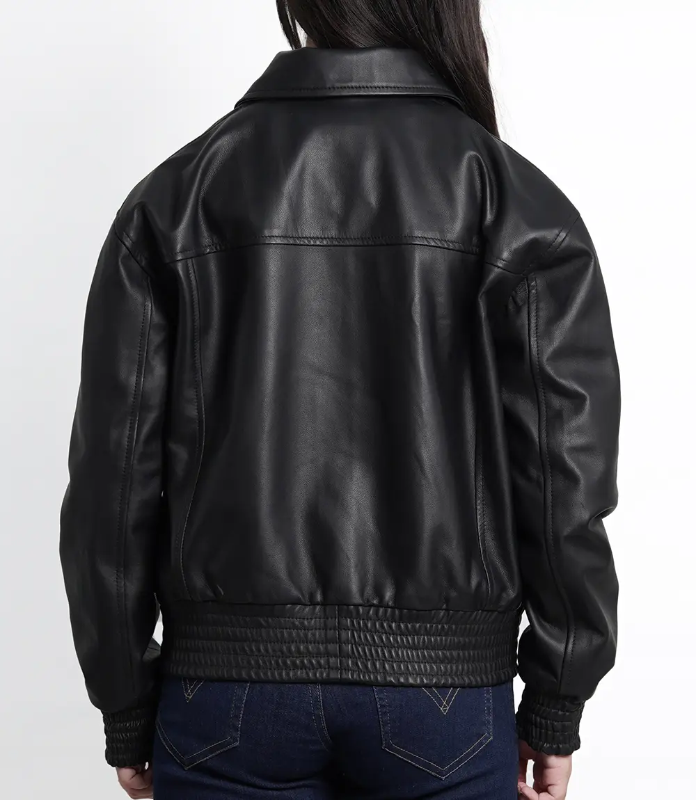 Womens Black Oversized Leather Bomber Jacket