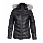 Women Winter Fur Trimmed Hoodie Puffer Leather Jacket