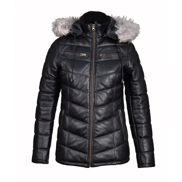 Women Winter Fur Trimmed Hoodie Puffer Leather Jacket
