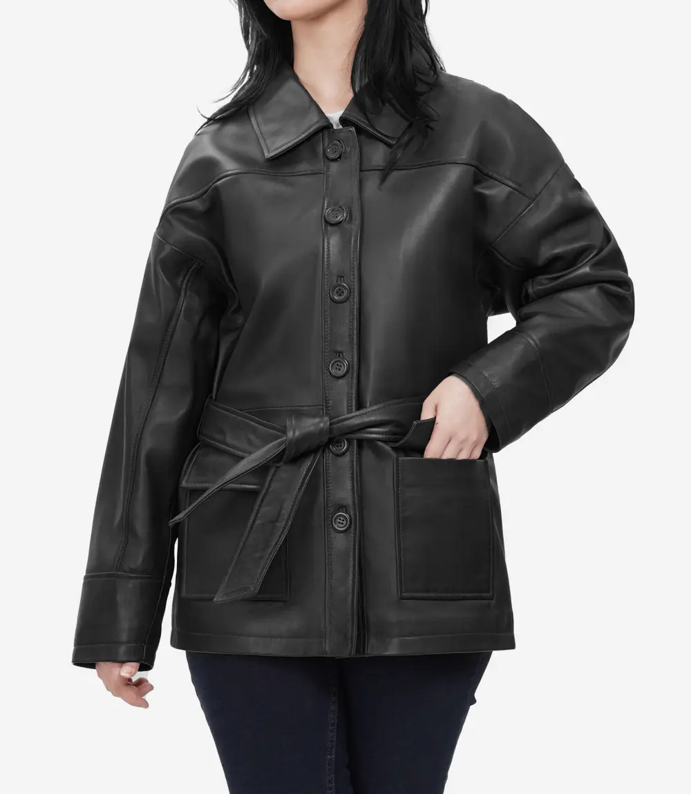Womens Long Black Oversized Belted Leather Jacket
