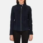Women Navy Blue Suede Biker Jacket