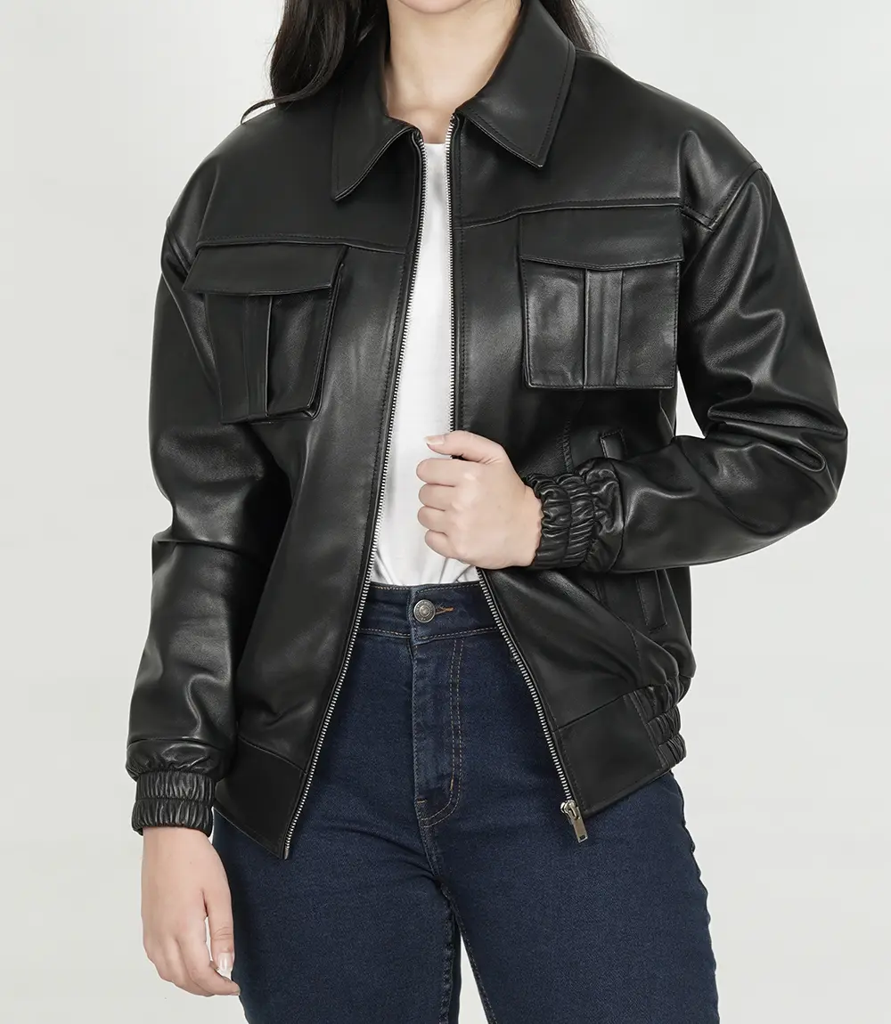 Womens Oversized Black Bomber Leather Jacket