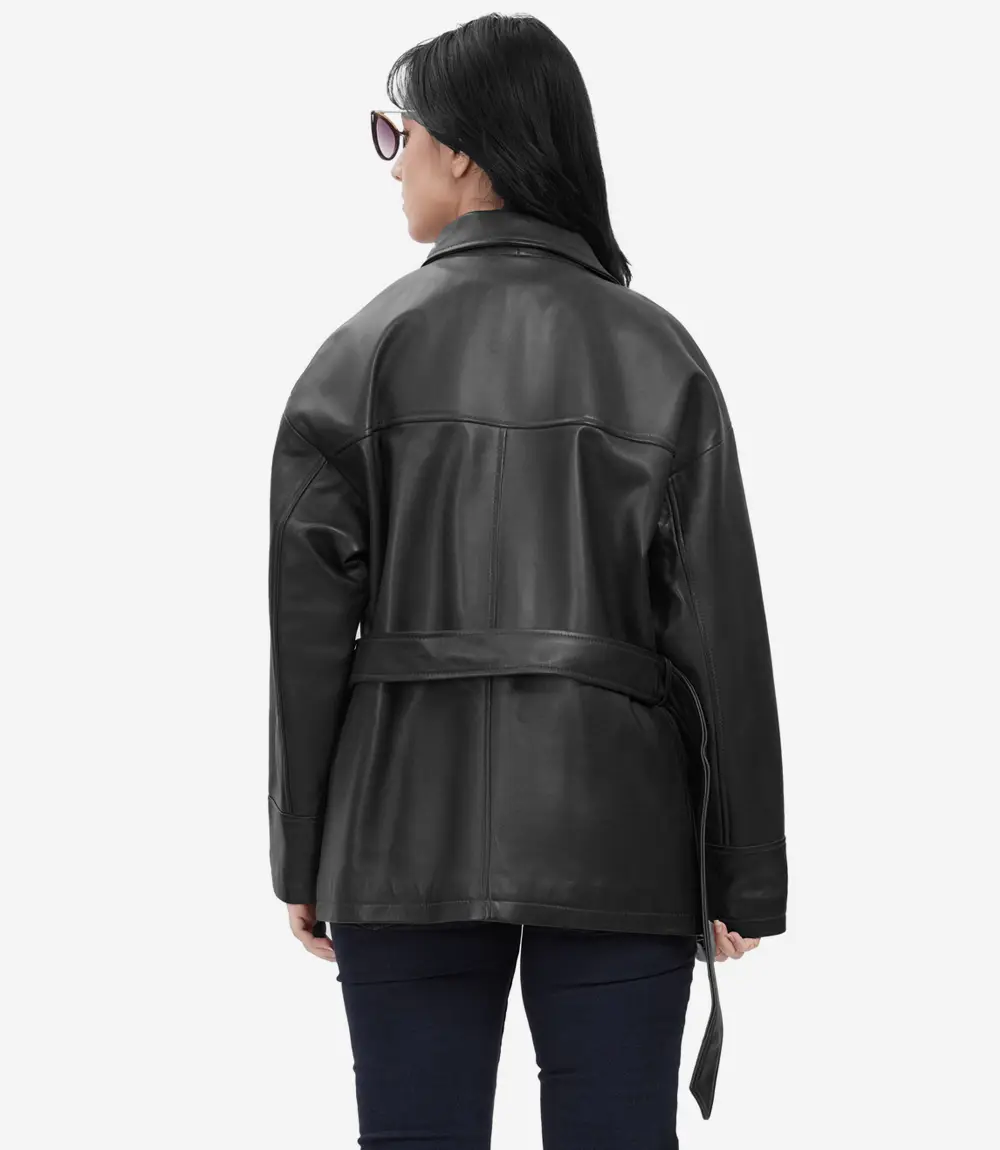 Womens Long Black Oversized Belted Leather Jacket
