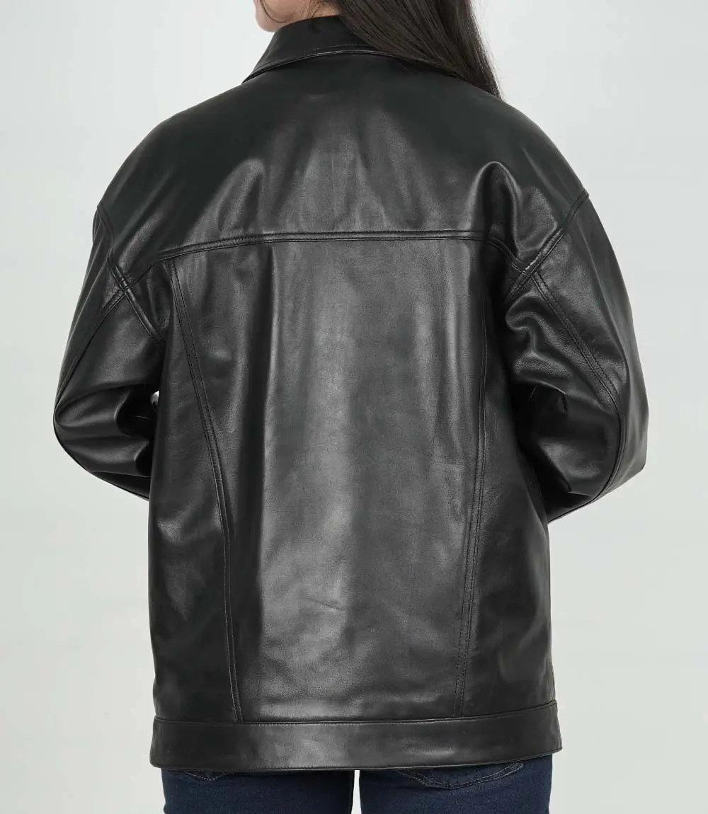Womens Black Leather Oversized Trucker Jacket