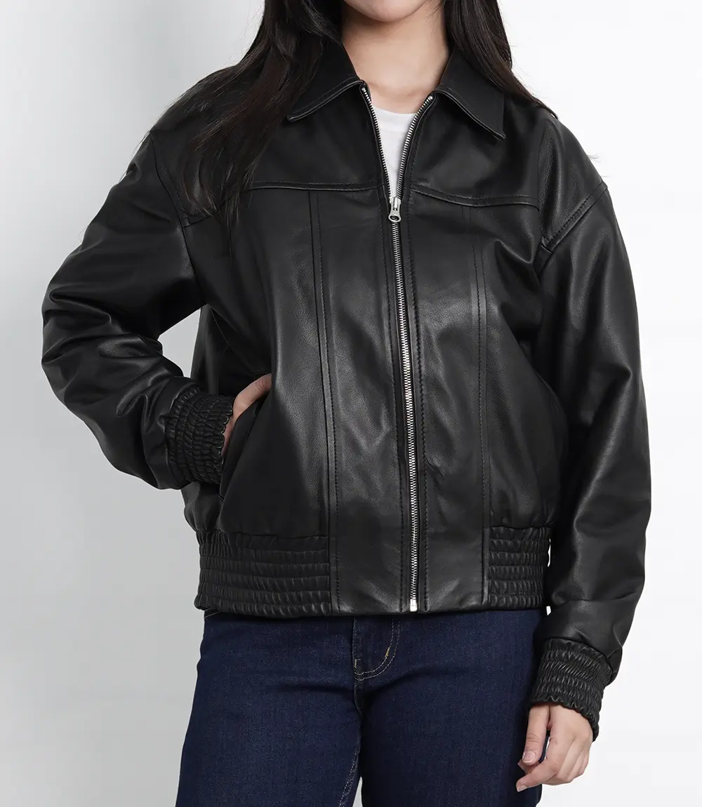 Womens Black Oversized Leather Bomber Jacket