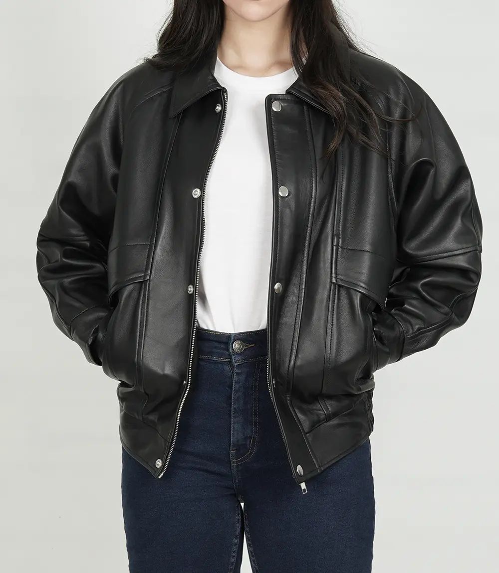 Women Black Oversized Bomber Leather Jacket