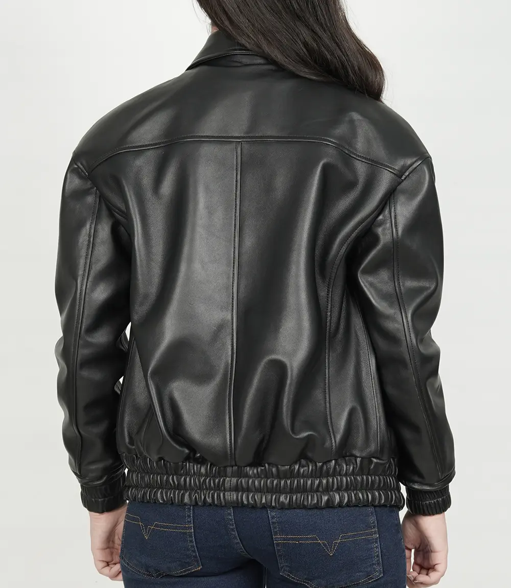 Womens Oversized Black Bomber Leather Jacket