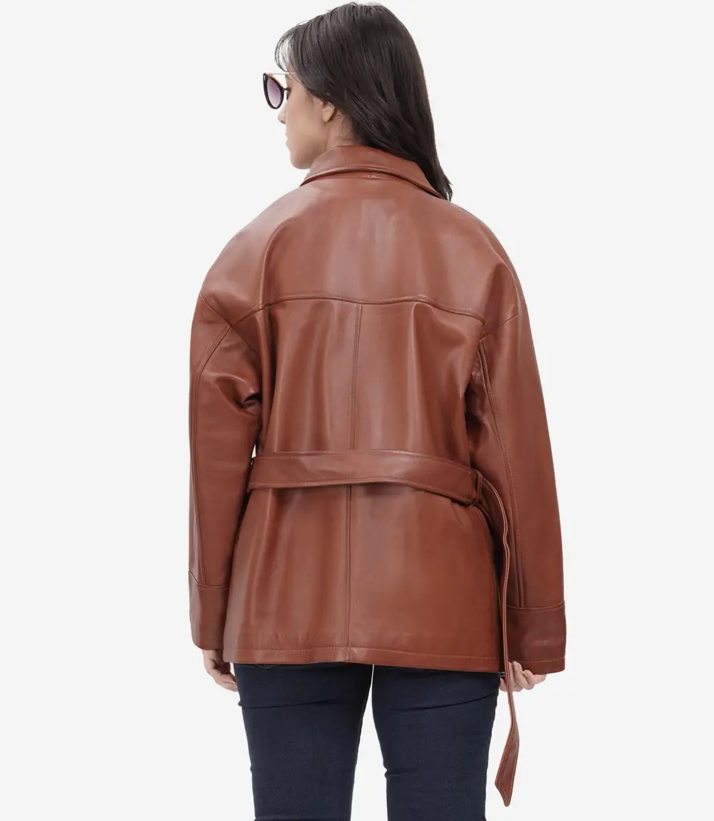 Womens Long Cognac Oversized Belted Leather Jacket