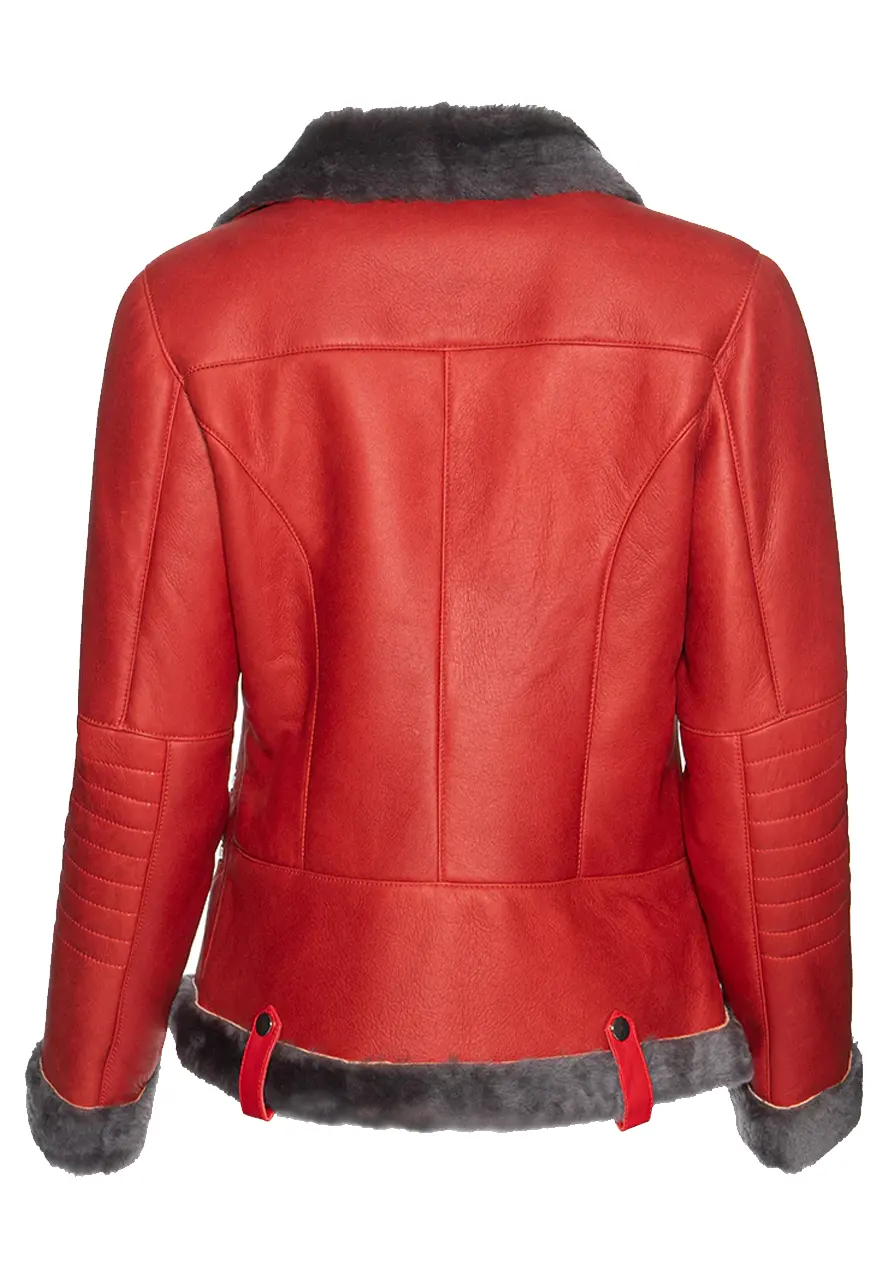 Women Red Faux Leather Grey Shearling Jacket
