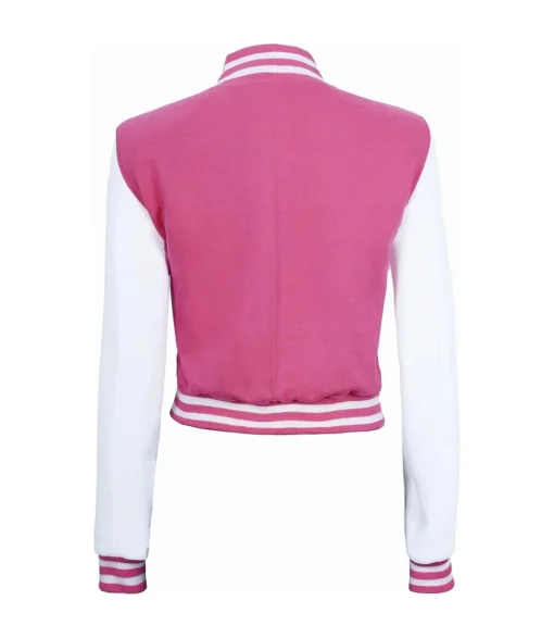 Women Pink And White Cropped Varsity Jacket