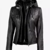 Womens Tall Black Leather Jacket With Removable Hood