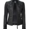 Women Tall Black Quilted Cafe Racer Leather Jacket