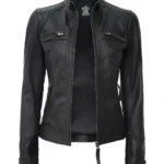 Women Tall Black Quilted Cafe Racer Leather Jacket