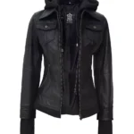 Women Tall Black Leather Jacket With Removable Hood