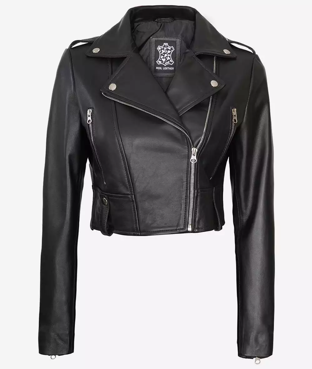 Black Cropped Leather Jacket for Women