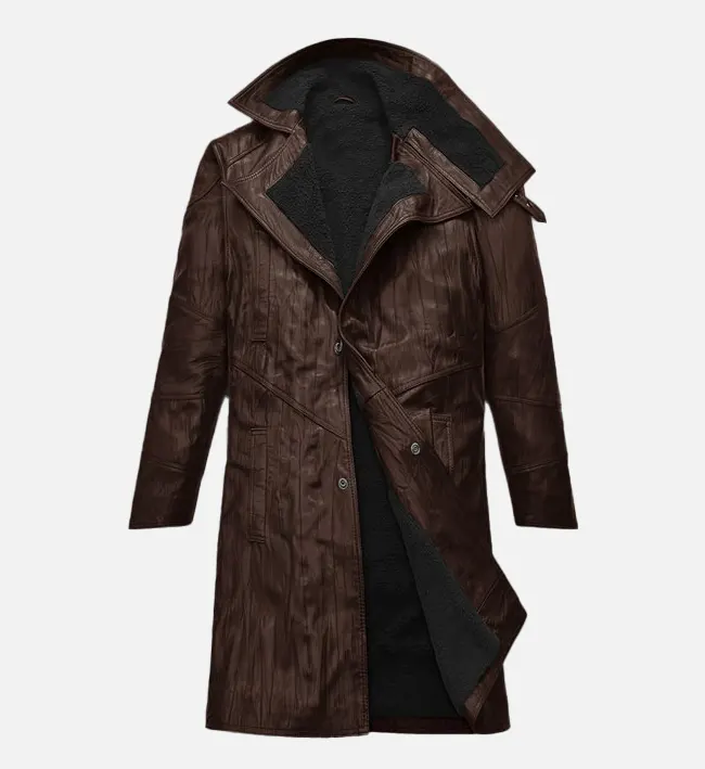 Men Wrinkled Brown Leather Long Coat