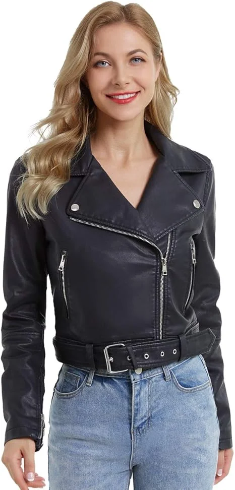Motorcycle Cropped Leather Jacket For Women