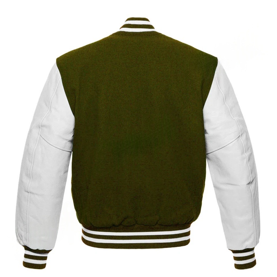 Mens Olive Green And White Varsity Jacket