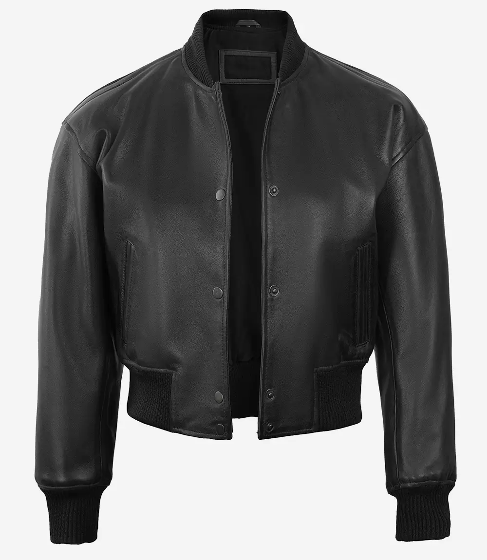 Women's Black Cropped Leather Bomber Jacket