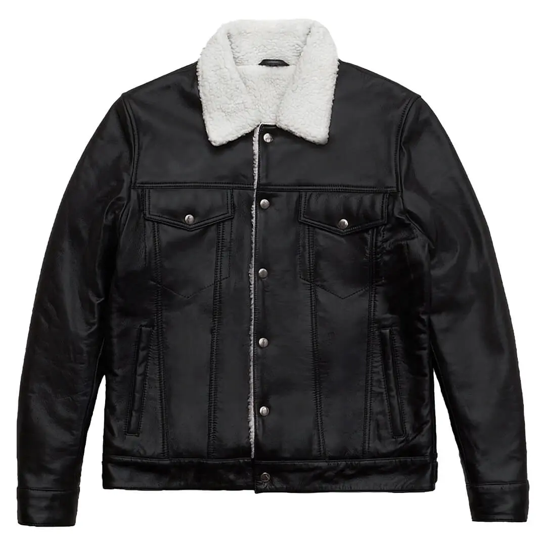 Men Black And White shearling leather trucker jacket