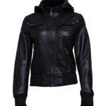 Women Black hooded leather bomber jacket