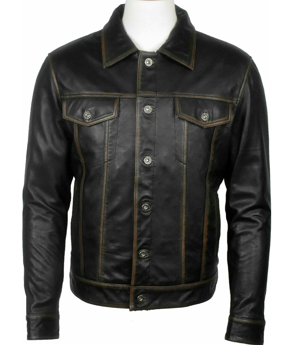 Men Black Leather Trucker Racer Jacket