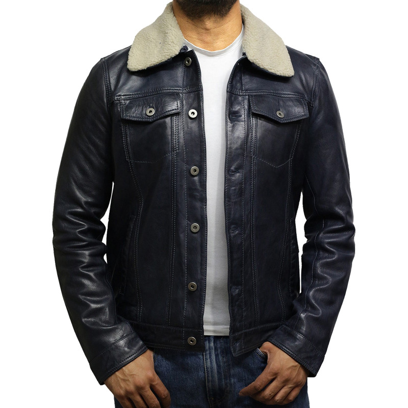 Mens Black Leather Trucker Jacket