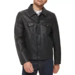 Men Classic Black Trucker Leather Jacket