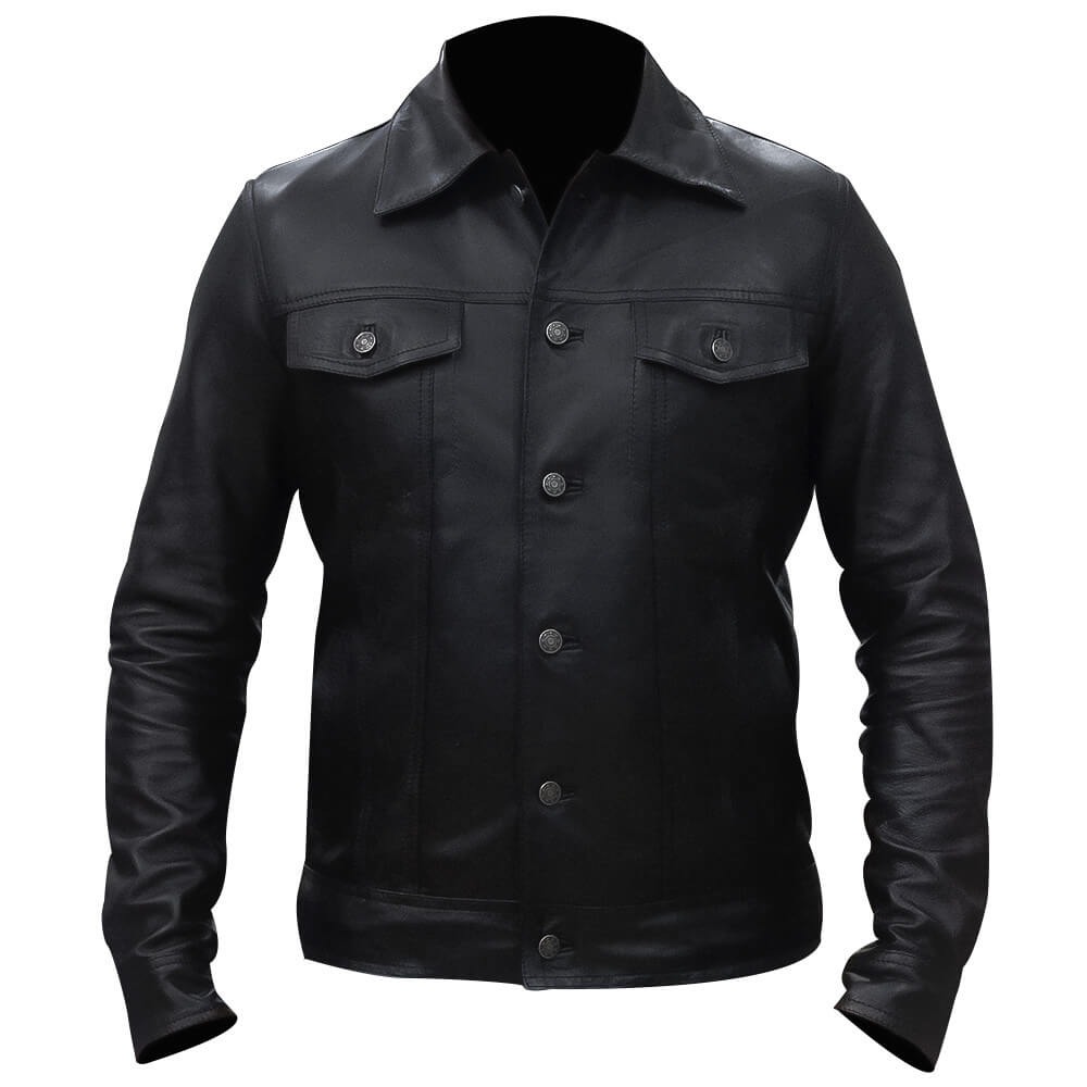 Men Blake Black Retro Leather Trucker Jacket