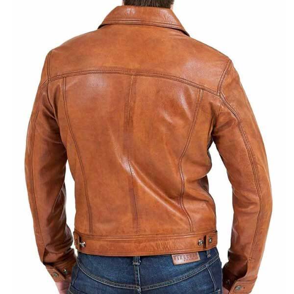 Men Brown Distressed Leather Trucker Jacket
