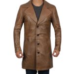 Mens Distressed Brown Leather Trench Coat