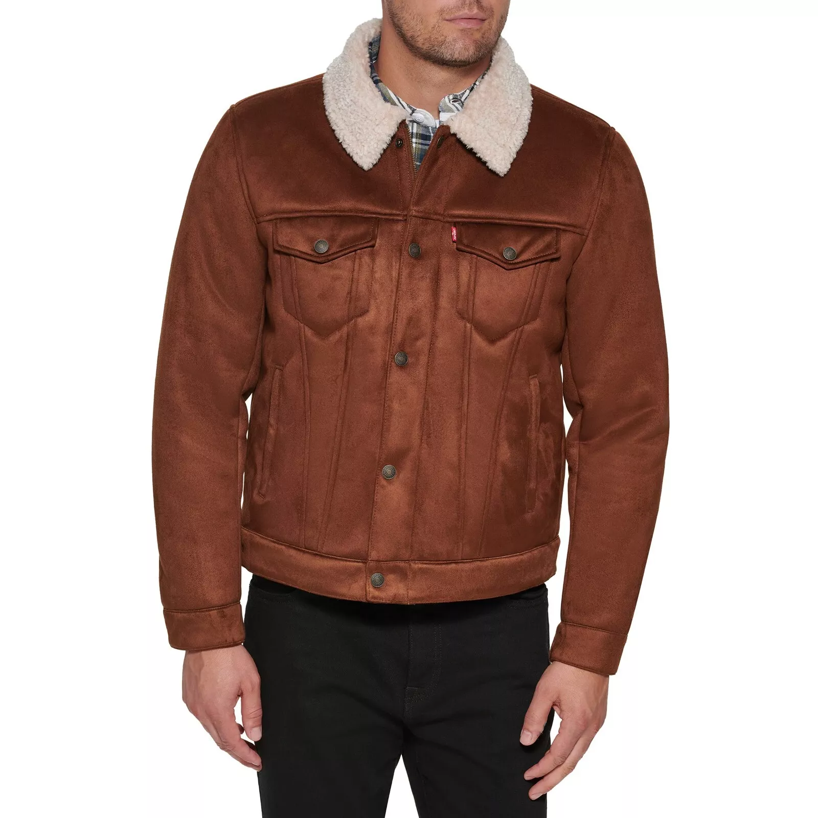 Men Brown Sherpa Lined Faux Leather Trucker Jacket