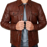 Men Dark Brown Vintage Classic Leather Trucker Jacket