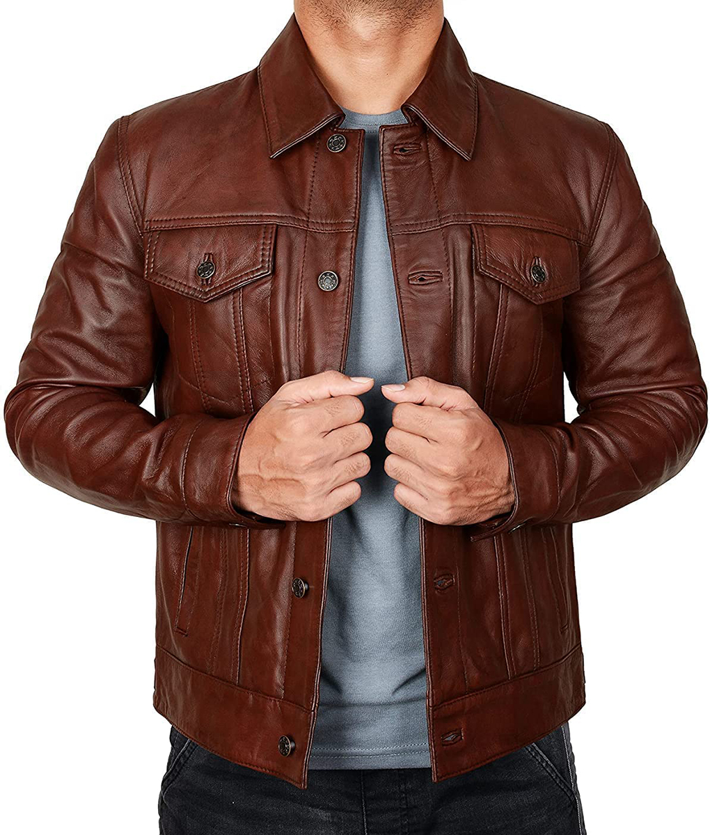 Men Dark Brown Vintage Classic Leather Trucker Jacket