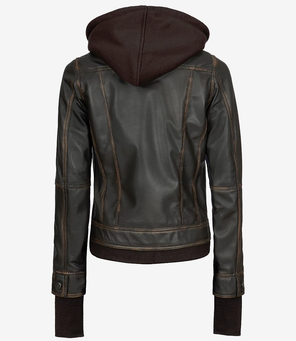 Women Dark Brown Hooded Leather Bomber Jacket
